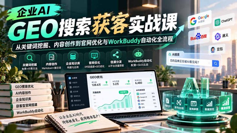 企业AI GEO搜索获客实战课：从关键词挖掘、内容创作到官网优化与WorkBuddy自动化全流程-技研社