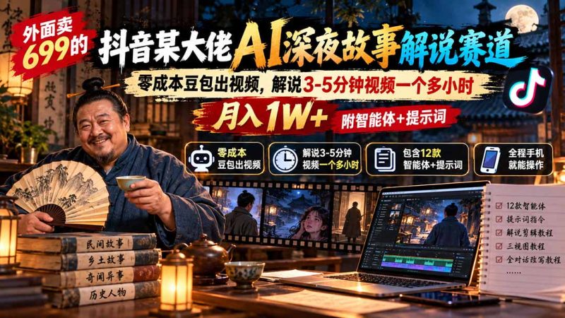 外面卖699的抖音某大佬AI深夜故事解说赛道：零成本豆包出视频，解说3-5分钟视频一个多小时，月入1W+附智能体+提示词-技研社