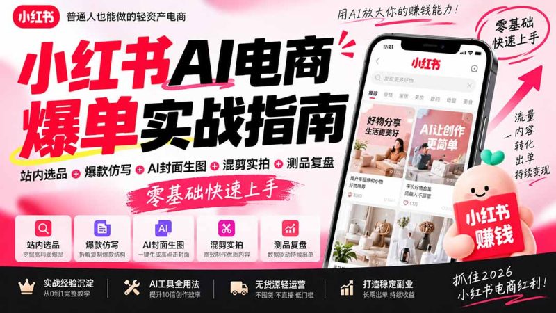 2026小红书AI电商爆单实战指南:站内选品+爆款仿写+AI封面生图+混剪实拍+测品复盘,零基础快速上手-技研社