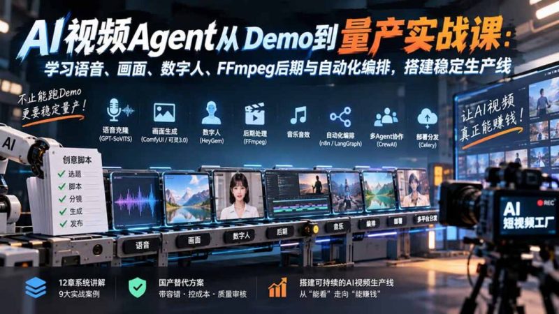 AI视频Agent从Demo到量产实战课:学习语音、画面、数字人、FFmpeg后期与自动化编排,搭建稳定生产线-技研社