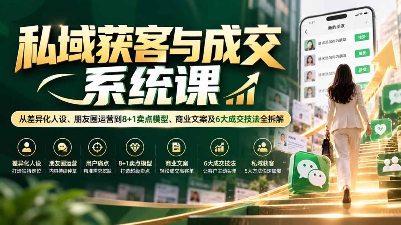 私域获客与成交系统课：从差异化人设、朋友圈运营到8+1卖点模型、商业文案及6大成交技法全拆解-技研社
