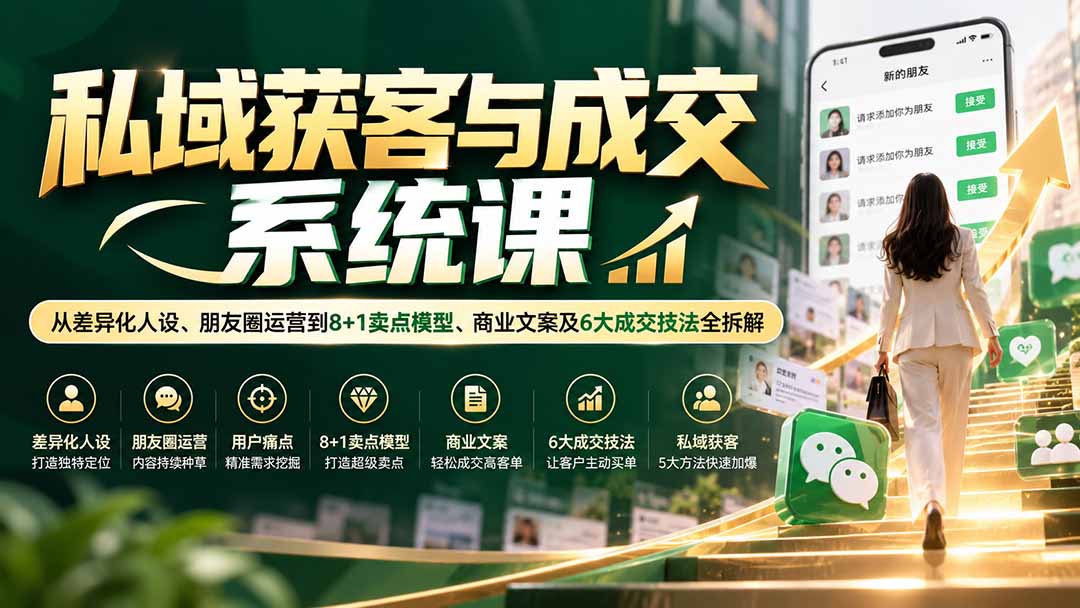 私域获客与成交系统课:从差异化人设、朋友圈运营到8+1卖点模型、商业文案及6大成