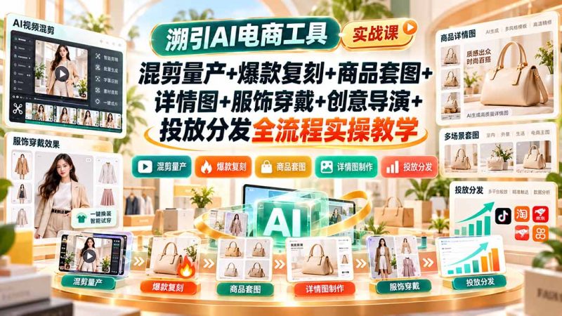 溯引AI电商工具实战课：混剪量产+爆款复刻+商品套图+详情图+服饰穿戴+创意导演+投放分发全流程实操教学-技研社